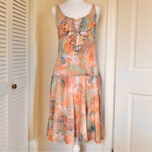 RALPH LAUREN Jeans Co Cotton Ruffle Neck Drop Waist Paisley Dress L Boho Summer